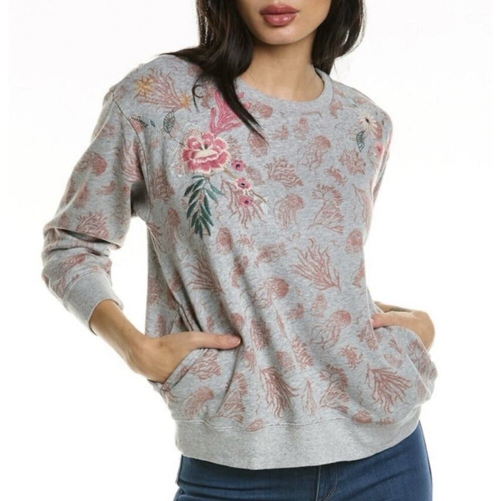 Johnny Was Embroidered Sweatshirt XS Jellyfish Nautical‎ Boho Coastal Casual